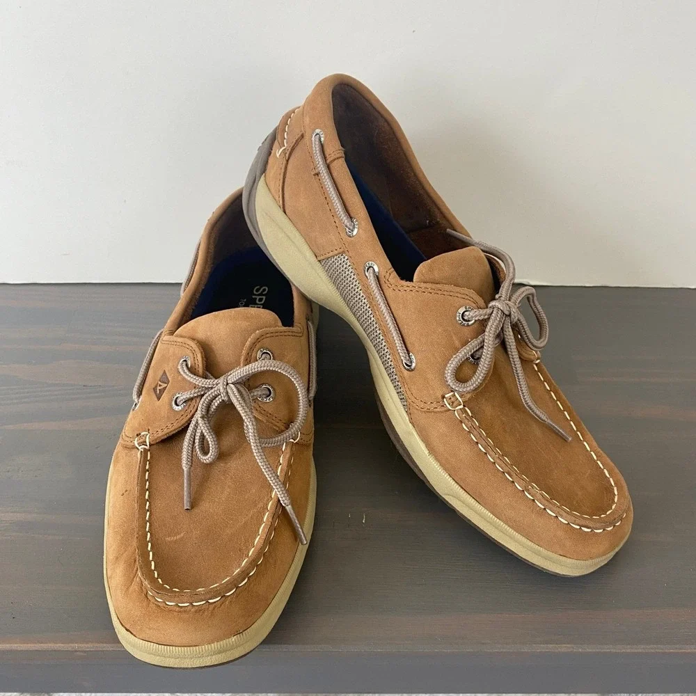 Sperry Intrepid Top Sider Boat Shoes Men 10 Tan Leather Comfort Slip on Shoes‎